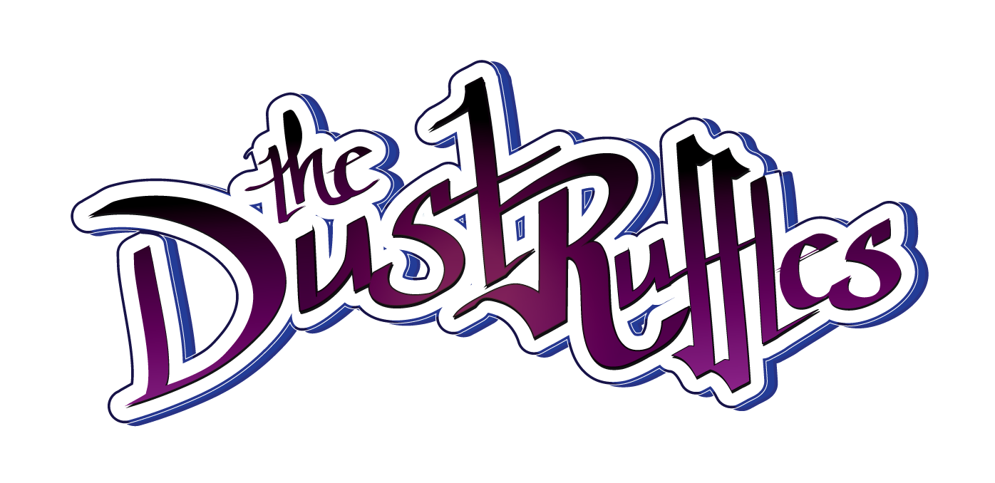 The Logo for the band The Dust Ruffles displaying the name of the band in purple letters